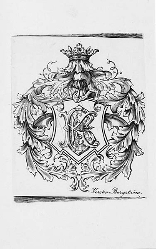 Monogram, KB, omgivet av bladornament med hjälm och adlig krona