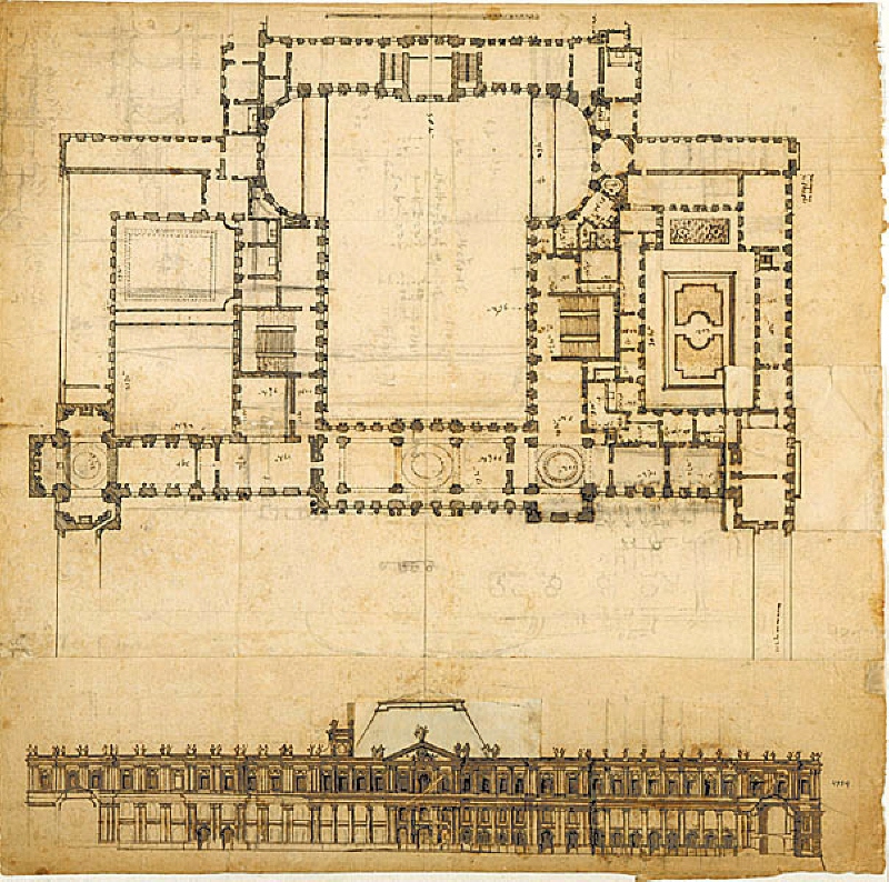 Paris; proposal for plan of the Louvre with elevation of facade of the west wing facing the Tuileries