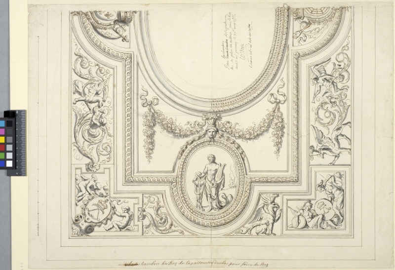 The Tuileries, Paris. Design for ceiling decoration of the king's chamber, halved with two variations