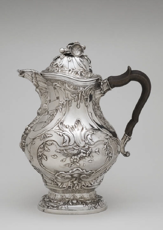 Coffee pot and cover with pear-shaped body and wooden handle