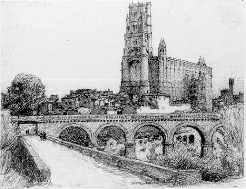 Stadsparti med bro och katedral vid Albi