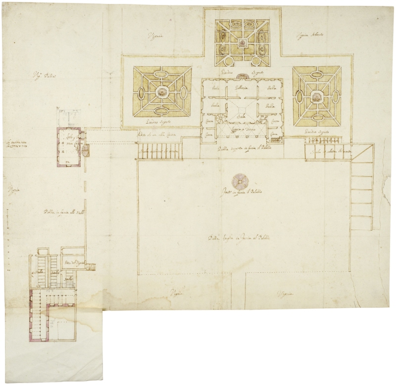Grottaferrata: Villa Carafa-Acquaviva (Grazioli), site plan with a project for the construction of a new kitchen wing and the enlargement of the stables, c. 1580–1612