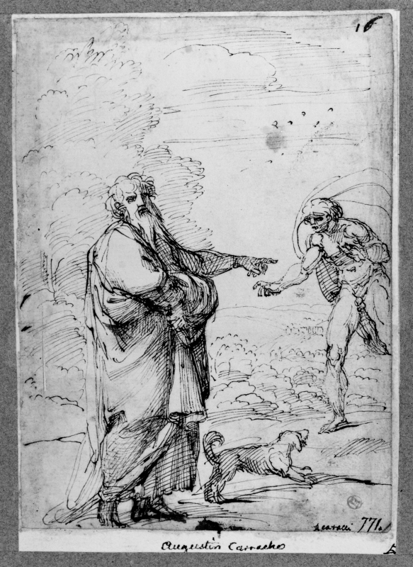 Old man with a dog and a young man running towards them