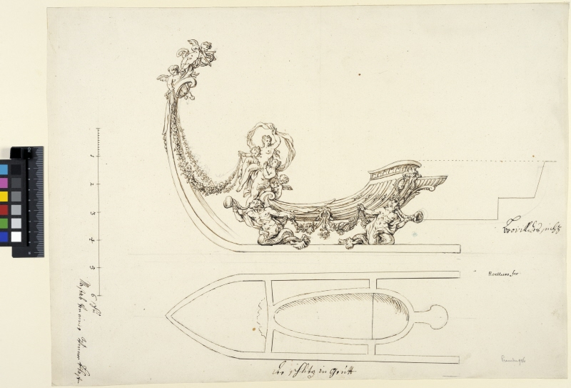 Sleigh. Side elevation and plan