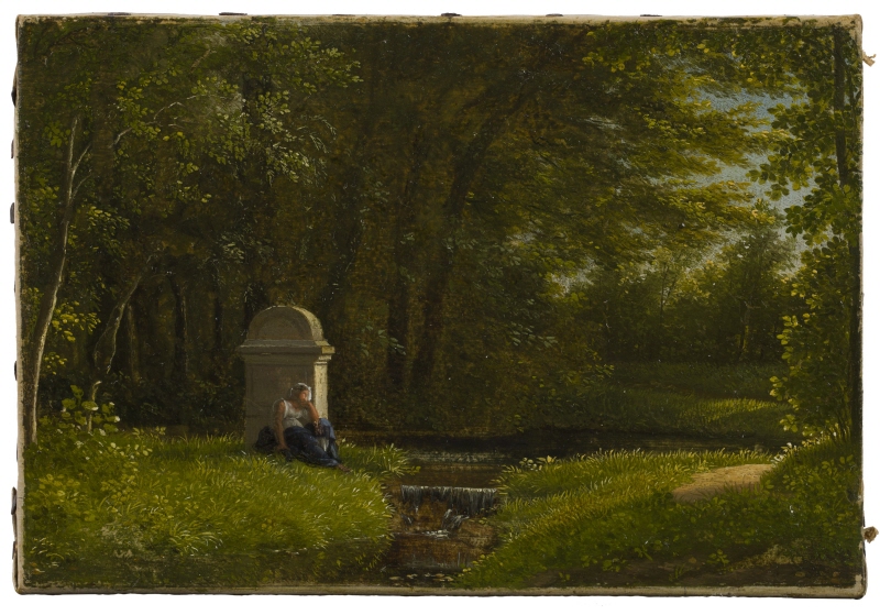 Vattendrag vid skogsglänta med altare tillägnat Kärleken i den norra parken vid Ermenonville