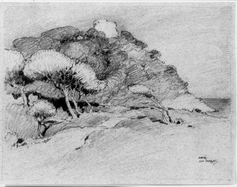 Kustlandskap med berg, krönt av torn vid Cap Ferrat
