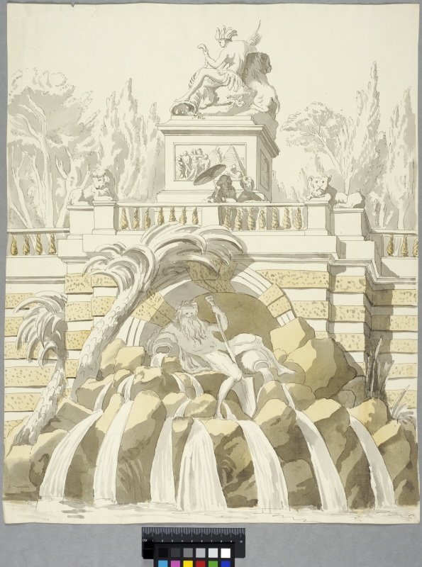 Festive Decoration in the Shape of a Fountain Shaded by Palm Trees with a Resting River God. Above, behind a balustrade, is a sculpture, symbolizing the African continent?