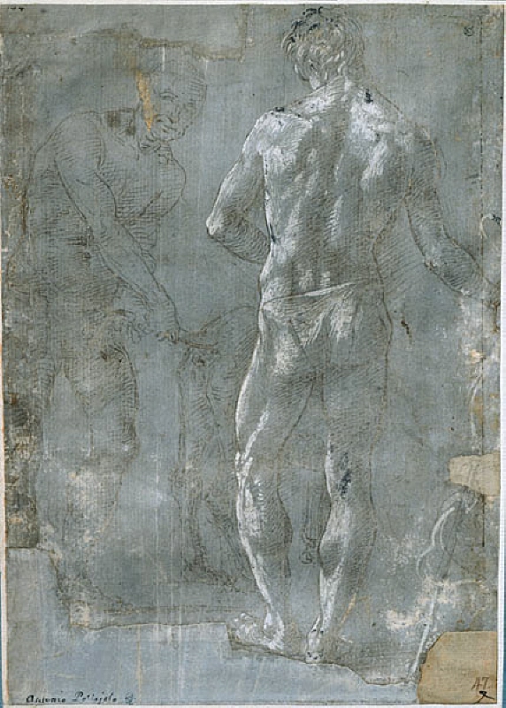 Nude man, pulling the tail of a cow, bull or ox and nude youth seen from behind, holding a standard