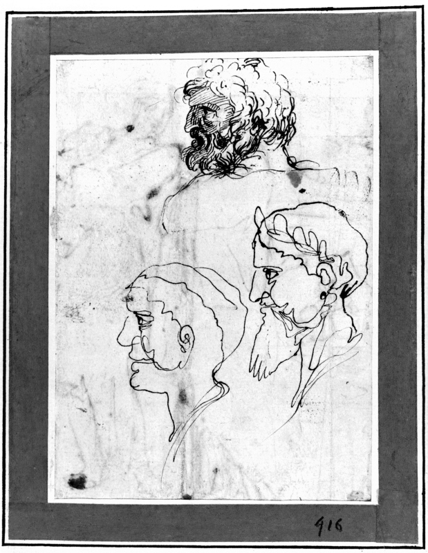 Three heads of bearded men, profiles left