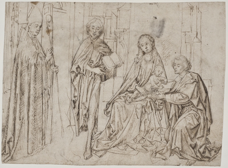 Madonnan med barnet, biskop samt två av evangelisterna (?)