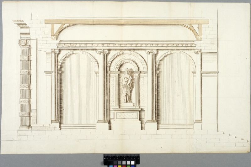The Tuileries, Paris. Elevation of a lateral wall of the main entrance and section through the tiers and beams