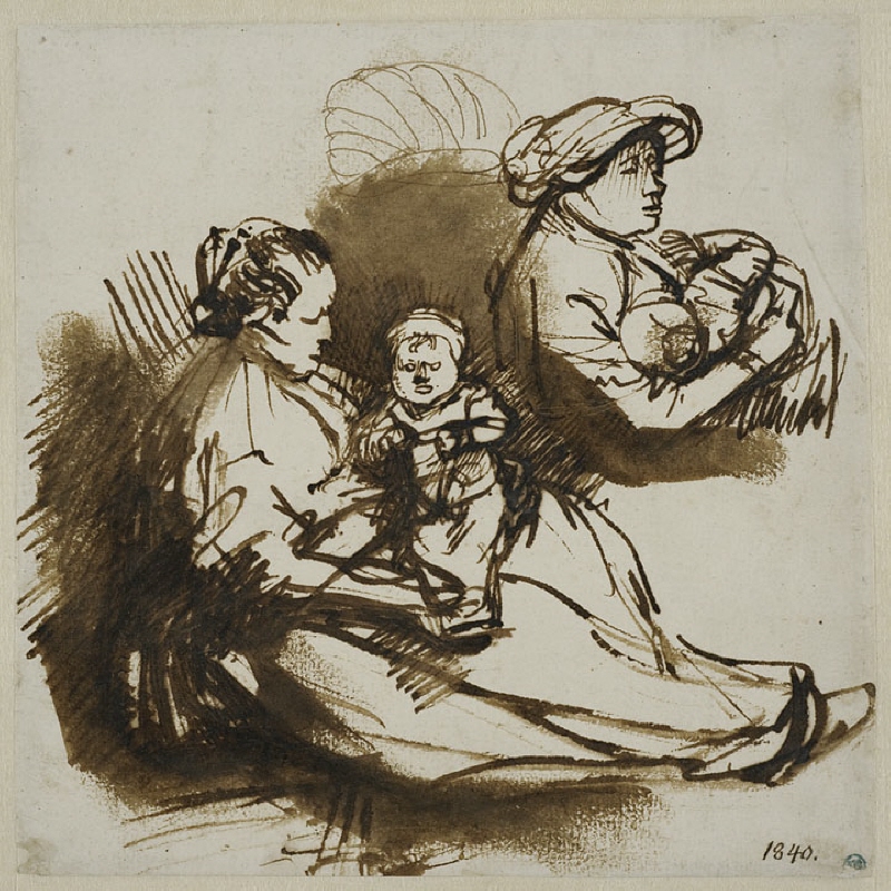 Skiss av två kvinnor med varsitt spädbarn i famnen
