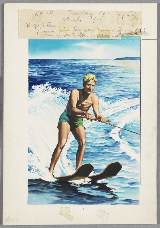 “Summer Break: Ready, Steady, Go”, water skiing, cover to Kamratposten, no. 10, 1959